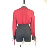 Women's Loose Long Sleeve Zipper Colorblock Bodysuit Fashionable Waist One Piece