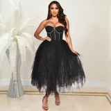 Fashion solid color hot drill tube top fluffy mesh dress women