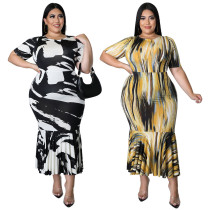 Round Neck Short Sleeve Ruffle Dress Print Plus Size Dress