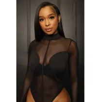 Women's mesh mesh perspective stitching black tight sexy jumpsuit all-in-one pants