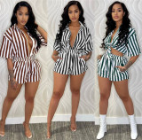 Sexy Fashion Shorts Set Button Stripe Shirt Two Piece
