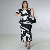Round Neck Short Sleeve Ruffle Dress Print Plus Size Dress