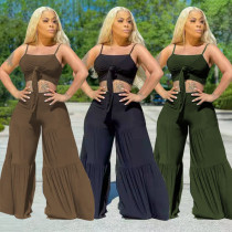 Women's Large Size Sexy Sling Strap Leaky Shoulder Loose Pants Solid Color Two-piece Set