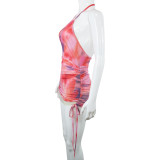 Printed apron halterneck hem paneled mesh drawstring breathable and comfortable dress