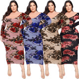 Off-the-shoulder floral print dress waist slim dress