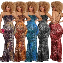 Dress feather print open-back waist-length dress