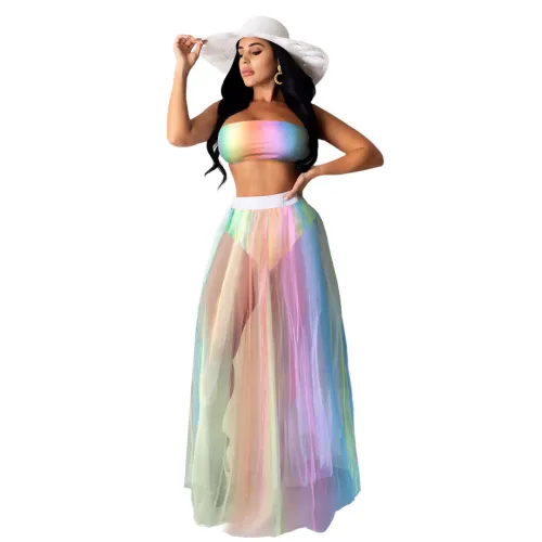 Nightclub Clothes Printed Breast Wrapped Colorful Mesh Skirt Two-piece Suit