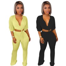 Solid Color Short Sleeve Flared Pants Two Piece Suit