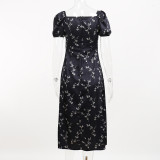 Printed Square Neck Knotted Split Dress Small Floral Long Dress