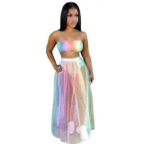 Nightclub Clothes Printed Breast Wrapped Colorful Mesh Skirt Two-piece Suit