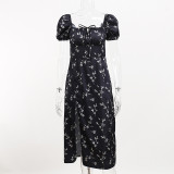 Printed Square Neck Knotted Split Dress Small Floral Long Dress