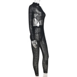 Sexy personality mesh flocking perspective one-shoulder long-sleeved suit