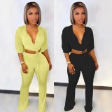 Solid Color Short Sleeve Flared Pants Two Piece Suit