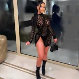 Sexy mesh see-through zipper flocking long sleeve dress women