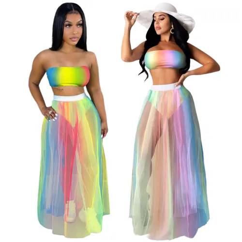 Nightclub Clothes Printed Breast Wrapped Colorful Mesh Skirt Two-piece Suit