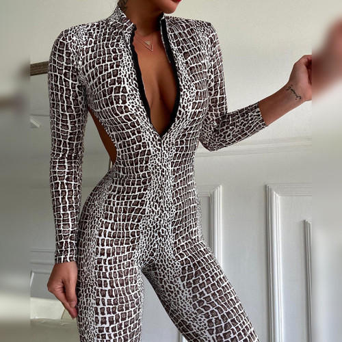 Animal print skinny backless sexy long-sleeve jumpsuit spring