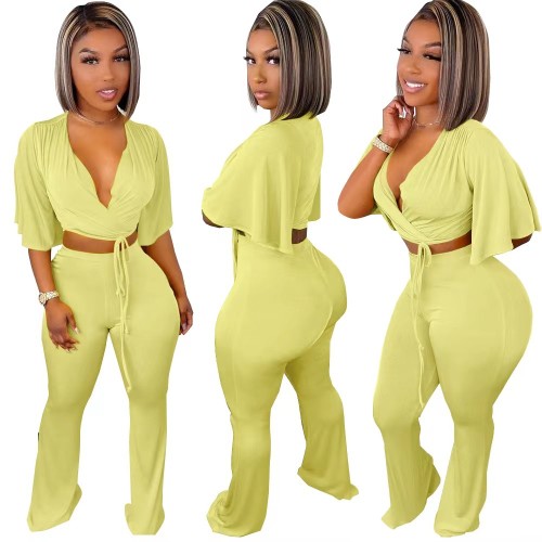 Solid Color Short Sleeve Flared Pants Two Piece Suit