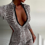 Animal print skinny backless sexy long-sleeve jumpsuit spring