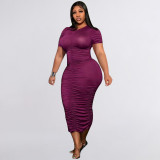 Solid Color Pleated Short Sleeve Sexy Tight Plus Size Women's Dress