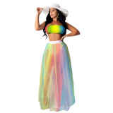 Nightclub Clothes Printed Breast Wrapped Colorful Mesh Skirt Two-piece Suit