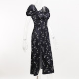 Printed Square Neck Knotted Split Dress Small Floral Long Dress