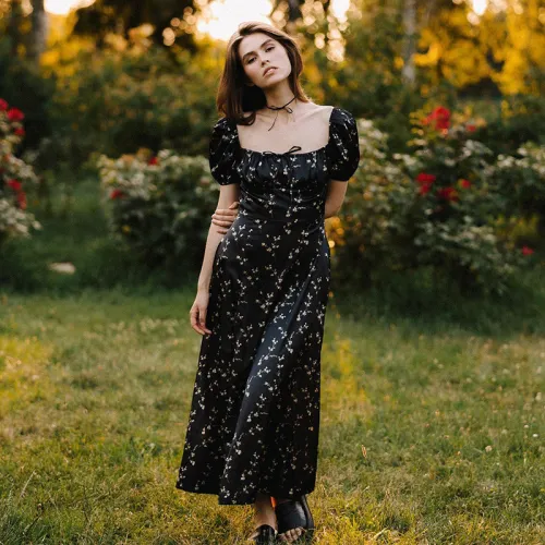 Printed Square Neck Knotted Split Dress Small Floral Long Dress