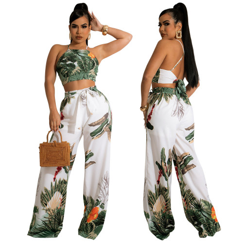 Sleeveless wrap chest lace-up top with loose high waist long two-piece set