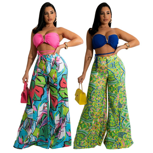Fashion Casual Wrap Chest Seaside Vacation Style Wrap Chest Loose Wide Leg Pants Set