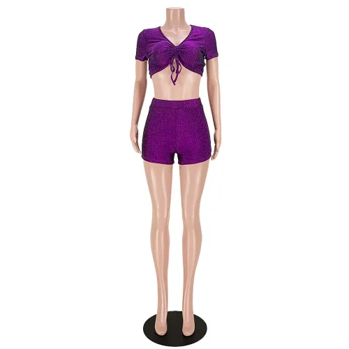 Nightclub clothes High elastic and high-quality elastic bright silk pleated V-neck two-piece suit