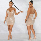 Fashion sexy suspenders wrap chest hot drill mesh see-through skirt dress