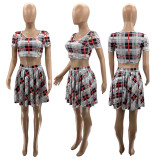 Digital Print Plaid Fashion Sexy Pleated Skirt Suit