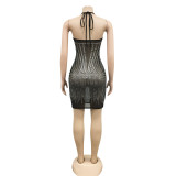 Fashion sexy suspenders wrap chest hot drill mesh see-through skirt dress