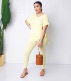 V-neck solid color loose simple casual short-sleeved two-piece suit