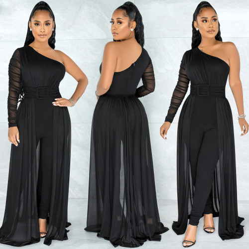 Solid color sexy mesh see-through one-shoulder slanted collar long-sleeved trousers jumpsuit women