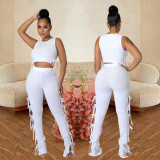 Sleeveless Two-Piece Set in Hollow Lace-Up Solid Pit-Bar Fabric