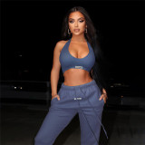 Sexy Low Cut Halter Body Top High Waist Drawstring Leisure Suit