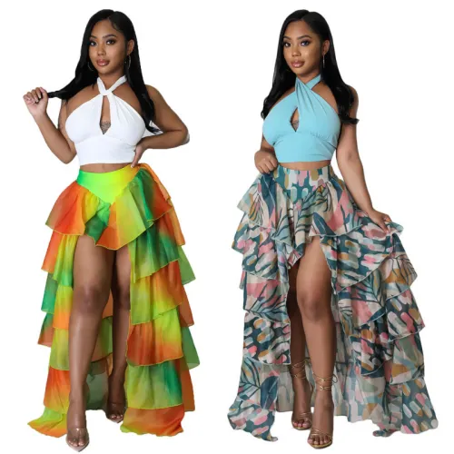 Irregular slit skirt printed mesh cake skirt