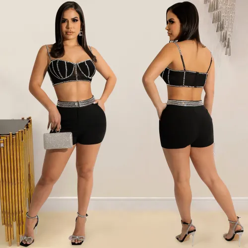Hot Diamond Sling Zip Wrap Chest Tank Top Shorts Two-piece Set