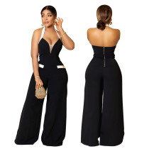 Fashion casual hanging neck V-neck wide-leg comfortable loose jumpsuit new