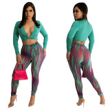 Fashion Print Casual Suit Deep V Top and Leggings Two-piece Set