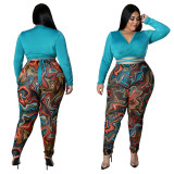Fashion Print Casual Suit Deep V Top and Leggings Two-piece Set