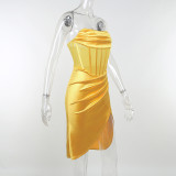 Satin mesh slit dress spring and summer new slim stitching package hip skirt women