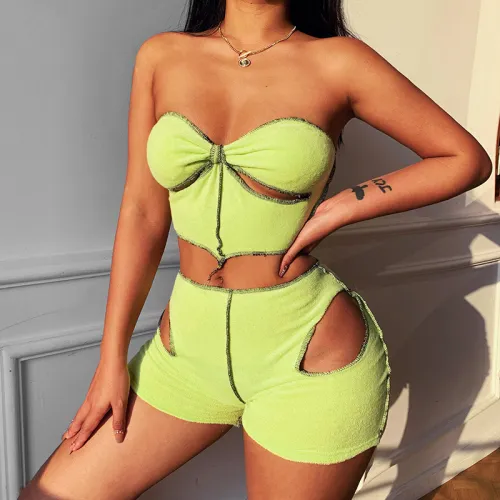 Sexy waistless ripped hollow suit tube top shorts two-piece women's