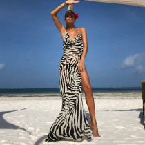 Sexy personality zebra print long dress temperament slit open back suspender dress