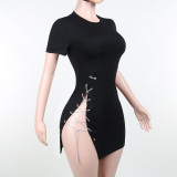 Side Tie Hollow Out Short Sleeve Dress Celebrity Style Slim Fit Hip Dress
