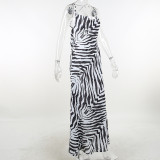 Sexy personality zebra print long dress temperament slit open back suspender dress