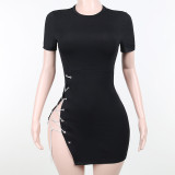 Side Tie Hollow Out Short Sleeve Dress Celebrity Style Slim Fit Hip Dress