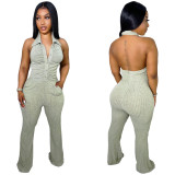 Shirt Collar Open Back Solid Flared Jumpsuit