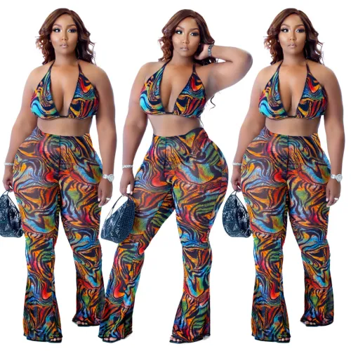 Print Bikini Beach Trousers Two-Piece Set