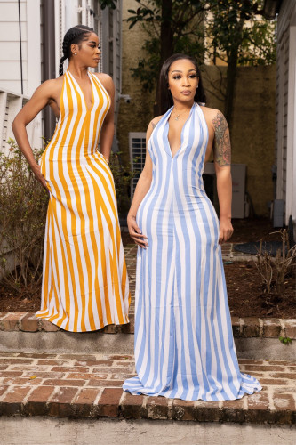 Ladies Fashion Sexy Striped Halter Strap Backless Ladies Dress